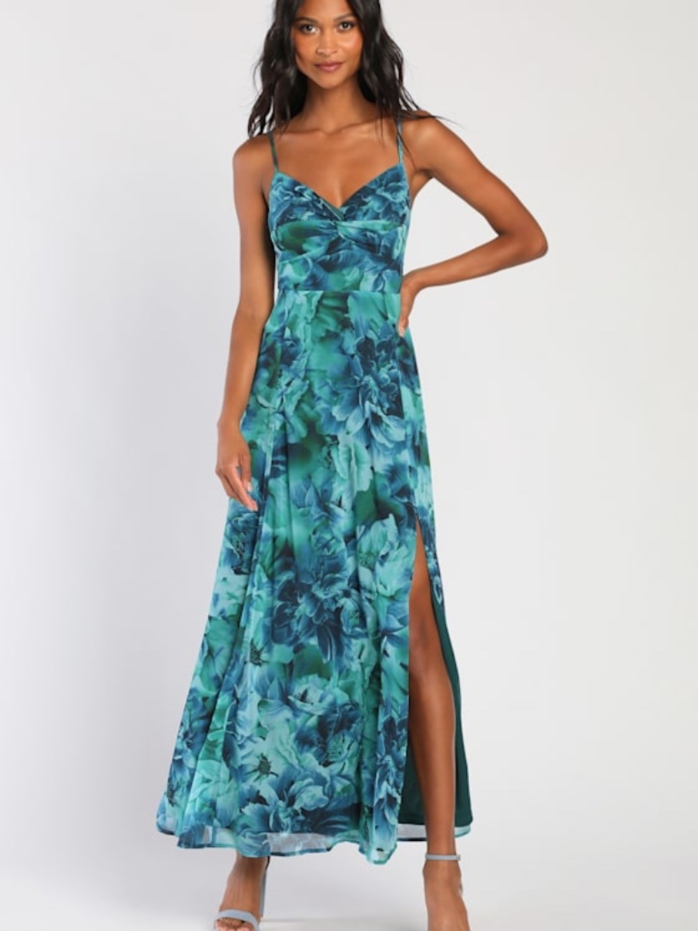 Lulus Beautiful Soul Teal Green Floral Print Twist-front Maxi Dress - Size M